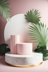 A luxurious mate white marble pink podium stage display mockup perfect for product presentation. Featuring a green tropical palm leaves illustration, it adds a touch of exotic glamour Generative AI