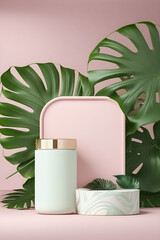 A luxurious mate white marble pink podium stage display mockup perfect for product presentation. Featuring a green tropical palm leaves illustration, it adds a touch of exotic glamour Generative AI
