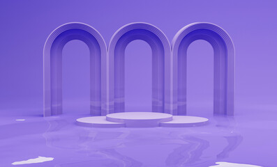 Abstract 3D room with realistic blue, white and purple geometric pedestal podium set and arch window. Minimal scene for product display presentation. Stage showcase on water surface.3d render
