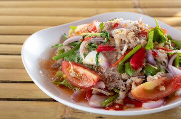 glass noodle salad with minced pork. thai food