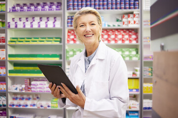 Tablet, pharmacy portrait and pharmacist woman for product management, stock research and...