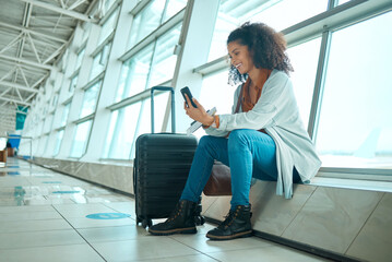Travel, phone and black woman at airport on a video call waiting for plane travel and flight....