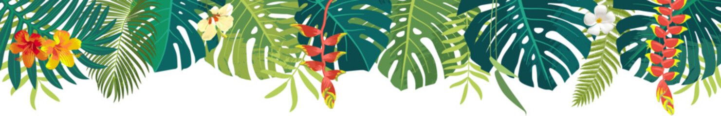 Vector Hawaiian Balinese rainforest summer lush jungle exotic leaves square banner upper border. Aloha summer monstera wedding greeting card, invitation design. Exotic tropical plants postcard © babayuka