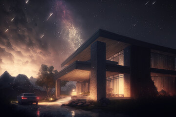 Fantasy night landscape with architecture and meteor shower. AI
