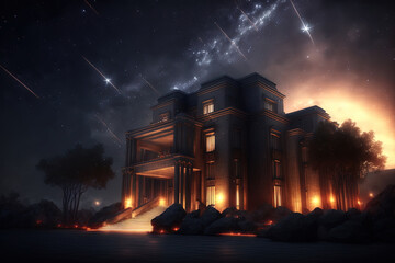 Naklejka premium Fantasy night landscape with architecture and meteor shower. AI
