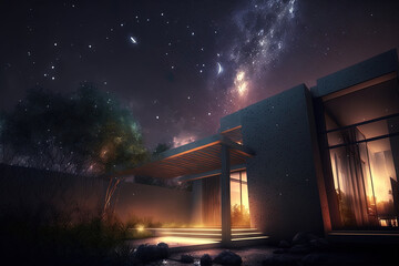 Fantasy night landscape with architecture and meteor shower. AI