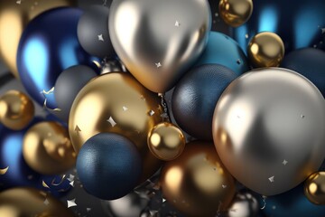 Background of festive blue, gold and silver balloons, confetti and ribbons. Photorealistic drawing generated by AI.