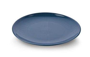 Dark blue ceramic plate on white background.