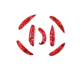 Dried red hot chilli , spur chili pepper on white background. Top view