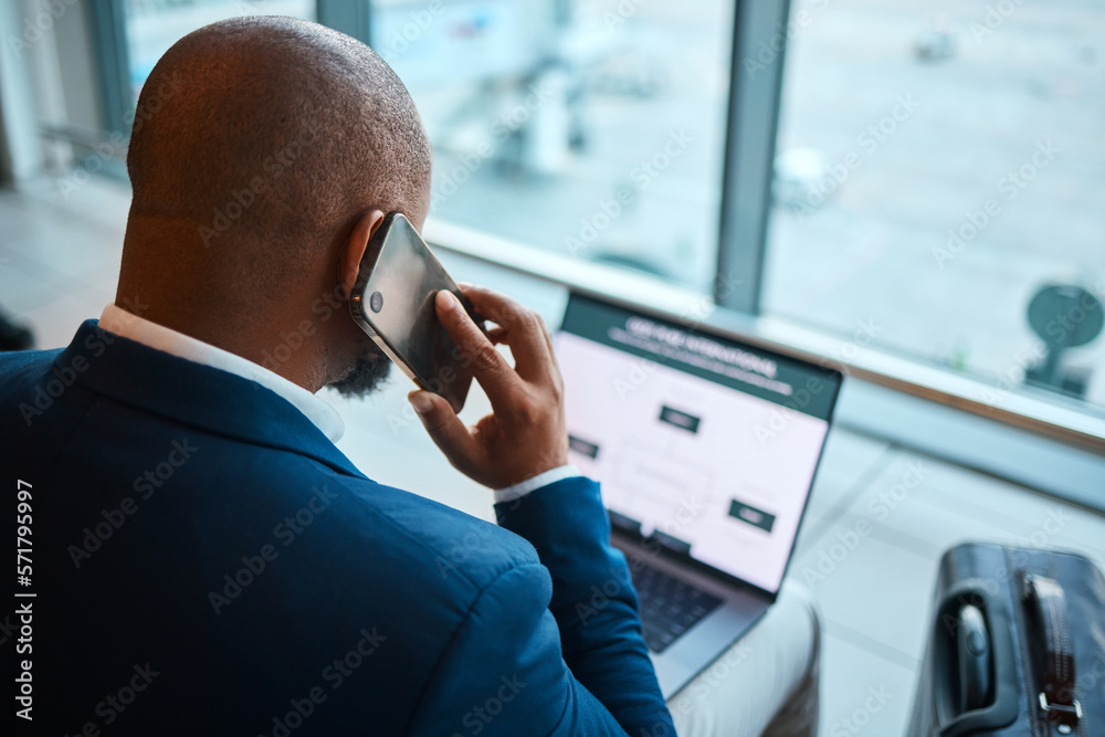 Wall mural Phone call, laptop and man at airport with travel agency website, schedule and communication services. African business person in waiting room or lobby with suitcase, smartphone and booking online