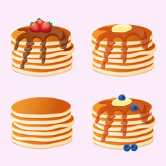 Pancakes with strawberries with butter and blueberries. Vector illustration in flat style. With chocolate syrup. And pancakes without syrup on plates. Pancakes without a plate on a pink background.