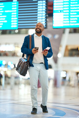 Black man with phone, airport and flight schedule, walking in terminal, holding ticket and passport...