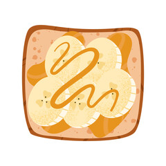 Sweet banana and peanut butter toast. Open fruit sandwich with oily topping on grilled square bread. Breakfast healthy protein food. Flat vector illustration isolated on white background