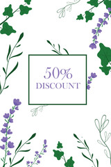 Design banner with spring sale logo. Discount card for spring season with white frame and herb.