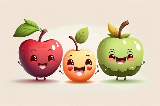 cartoon characters of apple, happy and smile, cute fruit monsters, white background, vector illustration, Made by AI,Artificial intelligence