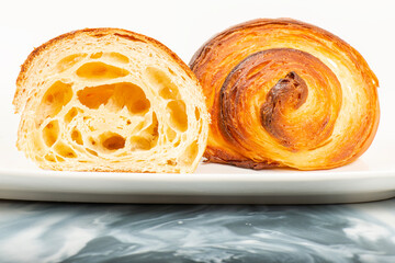 Fresh baked homemade plain butter croissant with a beautiful open honeycomb.