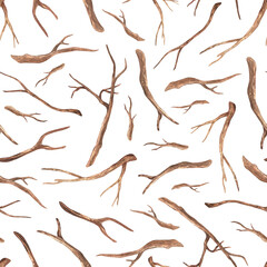 Fototapeta premium Seamless pattern with brown twigs. Watercolor illustration. Separate branches of a tree. Isolated on a white background. For rustic print design, fabrics, wrapping paper
