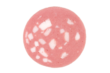 Boiled sausage with lard in isolation. A slice of sausage close-up.