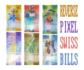 Vector set of pixelated mosaic reverse side banknotes of Switzerland. Swiss paper money on an isolated white background. Bills of denomination at 10 before 1000 francs. - obrazy, fototapety, plakaty