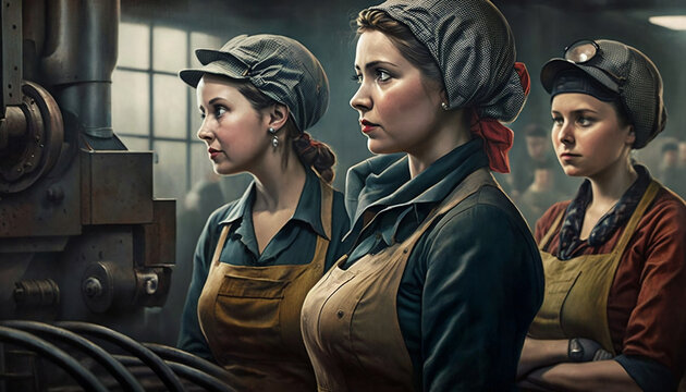 A group of empowered women working together in a factory or production line, Related to International Women's Day. Created with generative AI technology