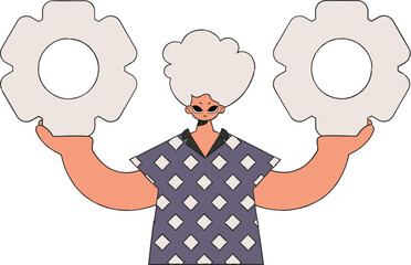 Handsome man holding gears. Idea theme.