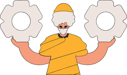 Handsome Guy holding gears. Idea theme.