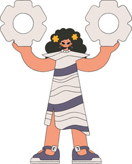 An attractive girl holds gears in her hands. Idea theme.