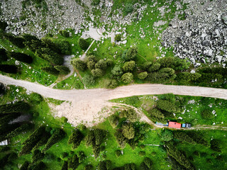 Aerial top down landscape of the road in the mountains