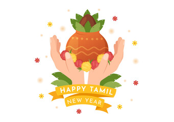 Happy Tamil New Year Illustration with Vishu Flowers, Pots and Indian Hindu Festival in Flat Cartoon Hand Drawn for Landing Page Templates