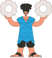 Attractive man holding gears in his hands. Idea theme.