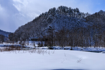冬の川　雪　自然風景　2月