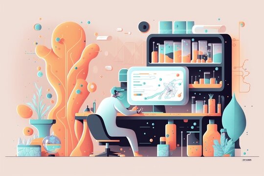 Scientific digital technology illustration. Online design laboratory concept wallpaper.