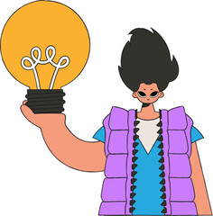 A fashionable man holds a light bulb in his hands. Idea theme.