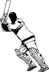 Black and white illustration of batsman playing flick shot, Silhouette of Cricket Player Pose Batting, Cricket Bat Player Cut Out