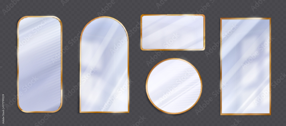 Poster set of isolated realistic mirror with gold frame on transparent background. vector light reflection 