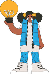 Stylish woman holding a light bulb in her hands. Idea theme.
