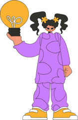 Stylish girl holding a light bulb. Idea theme.