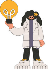 Stylish girl holds a light bulb in her hands. Idea theme.