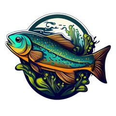 Cute cartoon fish in style of badge or sticker, isolated on white background. Generative art
