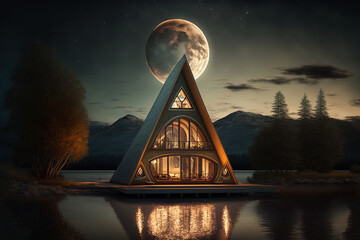 Fantasy night landscape, a small country house on the banks of the river, night lights, a big moon. AI
