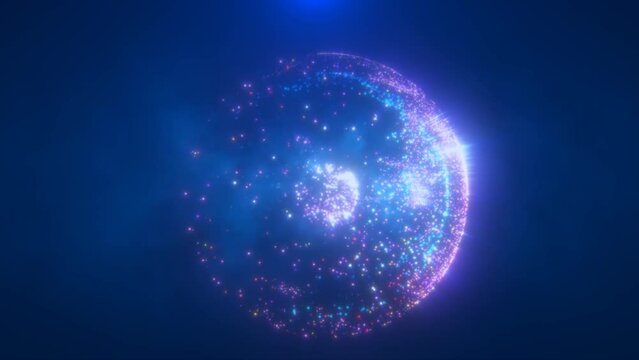 Abstract round blue and purple sphere made of flying particles glowing energy scientific futuristic atom molecule hi-tech background. Video 4k, motion design