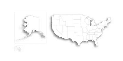 United States of America political map of administrative divisions - states and federal district Washington, D.C. Flat white blank map with thin black outline and dropped shadow.