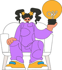 Refined girl is holding a light bulb. Idea theme.