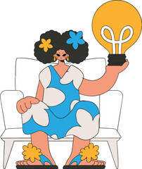 Presentable girl holds a light bulb in her hands. Idea theme.