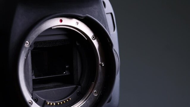 Close up of mirror and shutter mechanism digital camera.