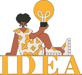An elegant girl is holding a light bulb. Idea theme.