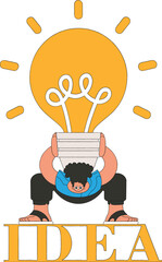Funny illustration on the theme of the idea. A man is holding a heavy large light bulb.
