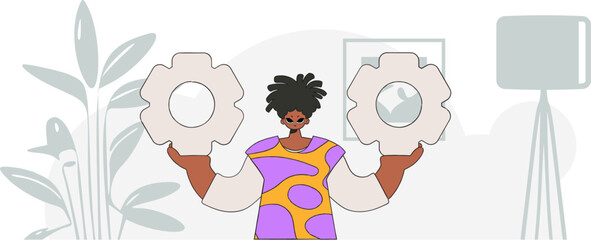 Elegant guy holding gears. Idea concept. trendy character.