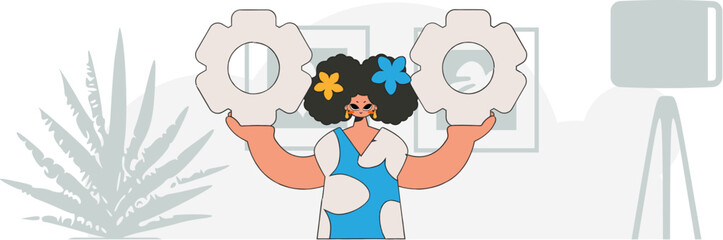 An elegant girl is holding gears. Idea concept. trendy character.
