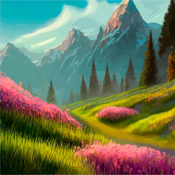 Spring Landscape In Village With Green Field And Sunset, Flat Cartoon Countryside With Mountain And Forest, Blue Sky, Natural Scene In Countryside, Sunny Day Summer